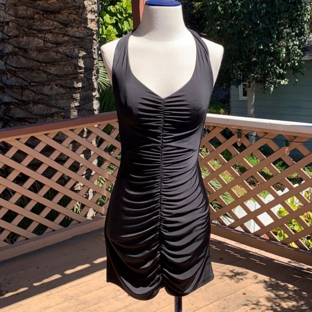 Black Silky Mini Dress, Sexy Black Mini Dress with Back Cutout